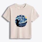Kyoto-Lion Starry Night Black Cat Women's Washed T-shirt