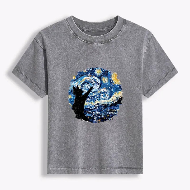 Kyoto-Lion Starry Night Black Cat Women's Washed T-shirt
