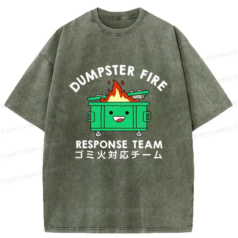 Kyoto-Lion Trash Bin On Fire Washed T-Shirt