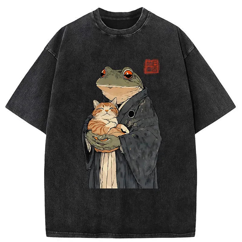 Kyoto-Lion A Frog Holding A Cat Washed T-Shirt
