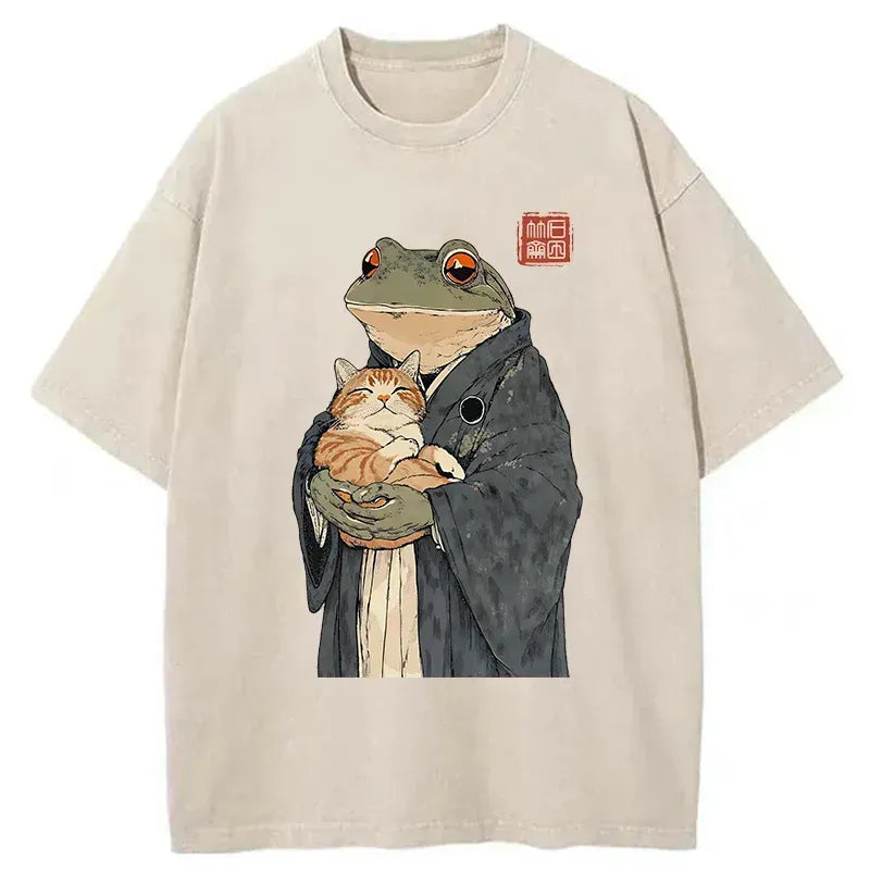 Kyoto-Lion A Frog Holding A Cat Washed T-Shirt