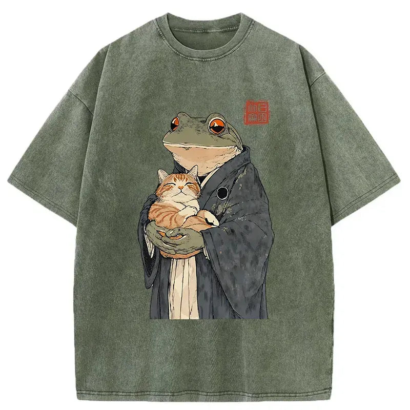Kyoto-Lion A Frog Holding A Cat Washed T-Shirt