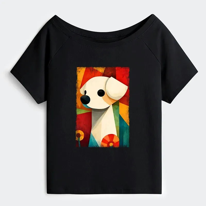 Kyoto-Lion Retro Abstract Color Block Puppy Art Off Shoulder T-Shirt