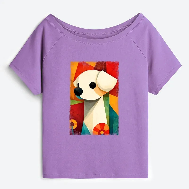 Kyoto-Lion Retro Abstract Color Block Puppy Art Off Shoulder T-Shirt