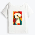Kyoto-Lion Retro Abstract Color Block Puppy Art Off Shoulder T-Shirt