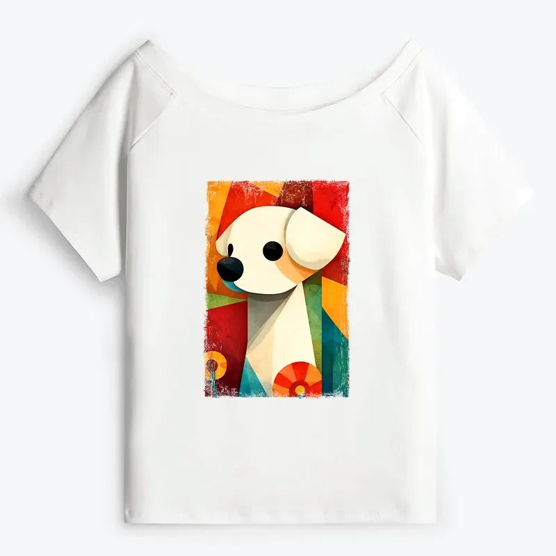 Kyoto-Lion Retro Abstract Color Block Puppy Art Off Shoulder T-Shirt