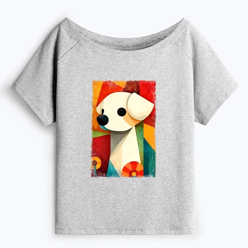Kyoto-Lion Retro Abstract Color Block Puppy Art Off Shoulder T-Shirt