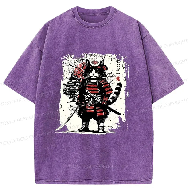 Kyoto-Lion Retro Cat Japanese Samurai Washed T-Shirt