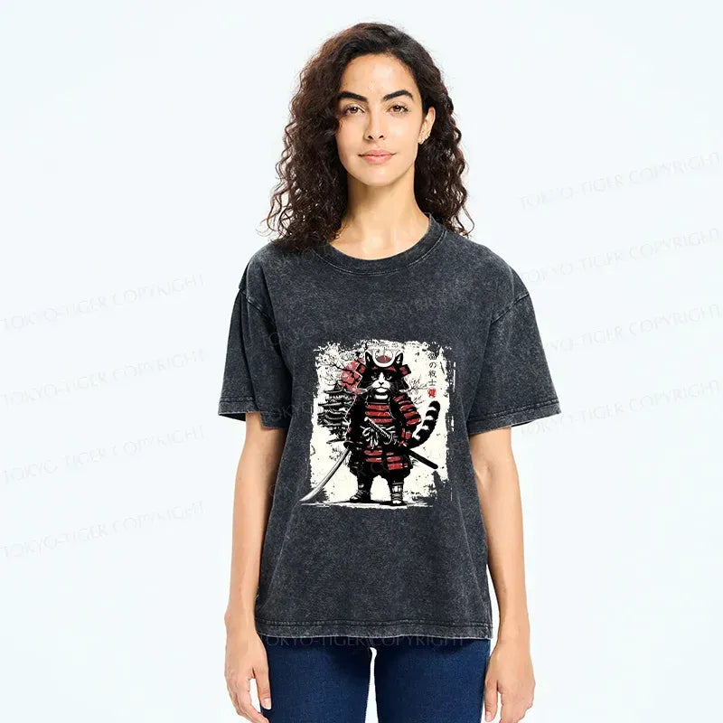 Kyoto-Lion Retro Cat Japanese Samurai Washed T-Shirt