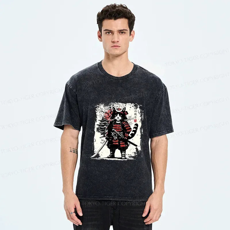 Japanese Samurai Cat Washed T-Shirt