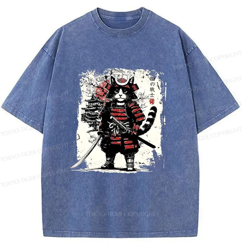 Kyoto-Lion Retro Cat Japanese Samurai Washed T-Shirt