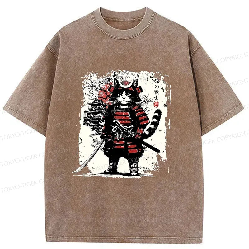 Japanese Samurai Cat Washed T-Shirt