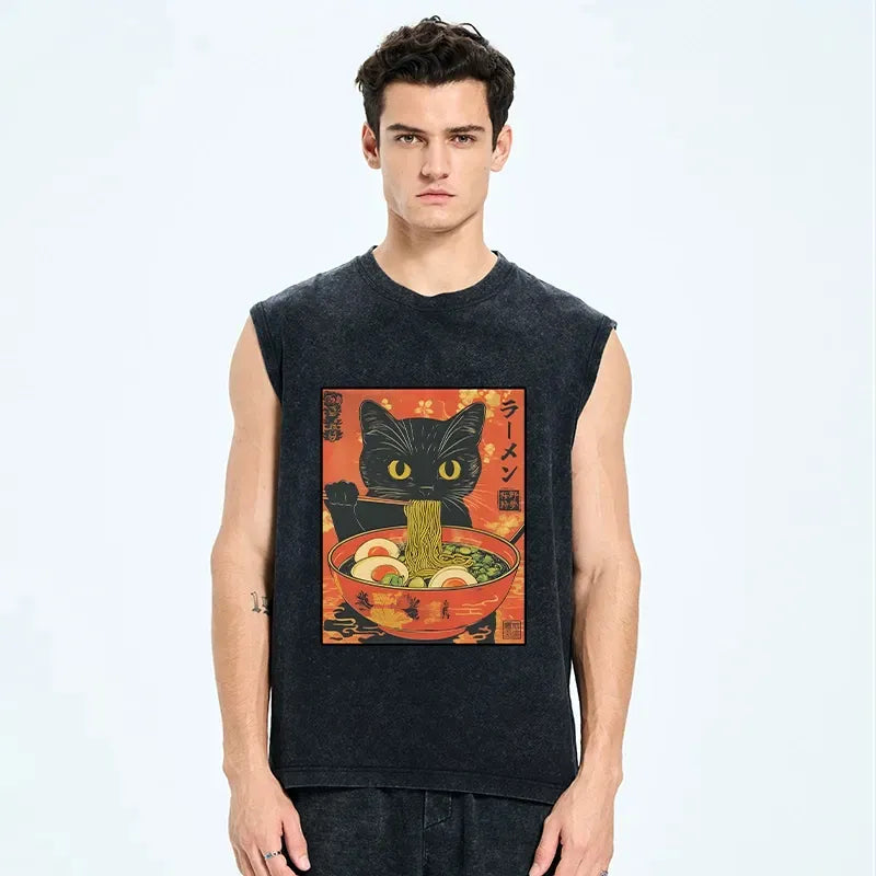 Unisex Washed Black Cat Tank for Summer