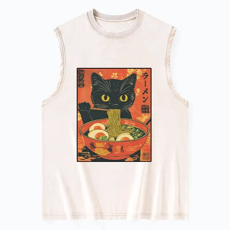 Unisex Washed Black Cat Tank for Summer