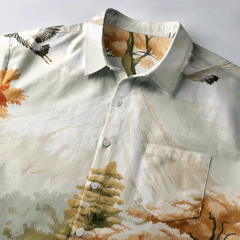Kyoto Crane Mountain Shirt for Casual