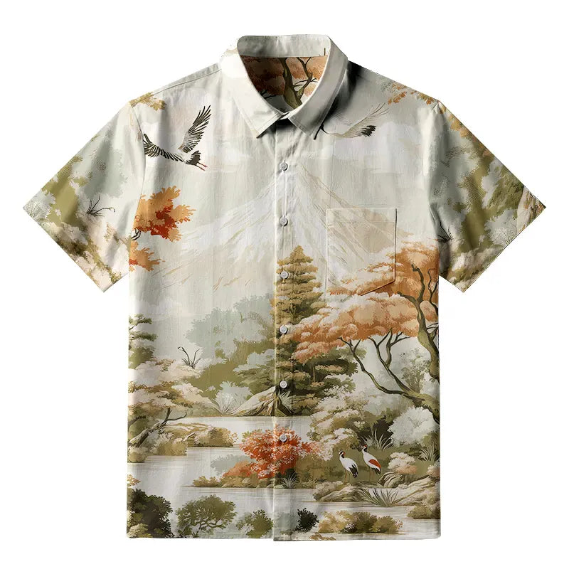 Kyoto Crane Mountain Shirt for Casual