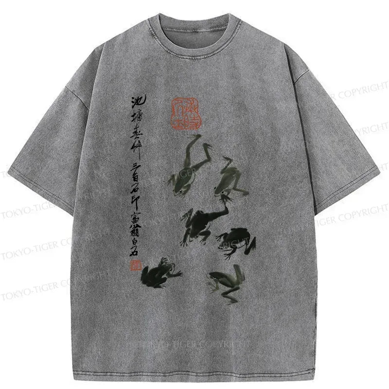 Japanese Frog Washed T-Shirt for Daily Wear
