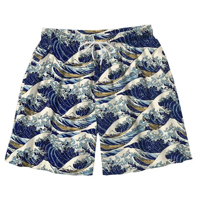 Japanese Great Wave Aloha Swim Trunks for Summer