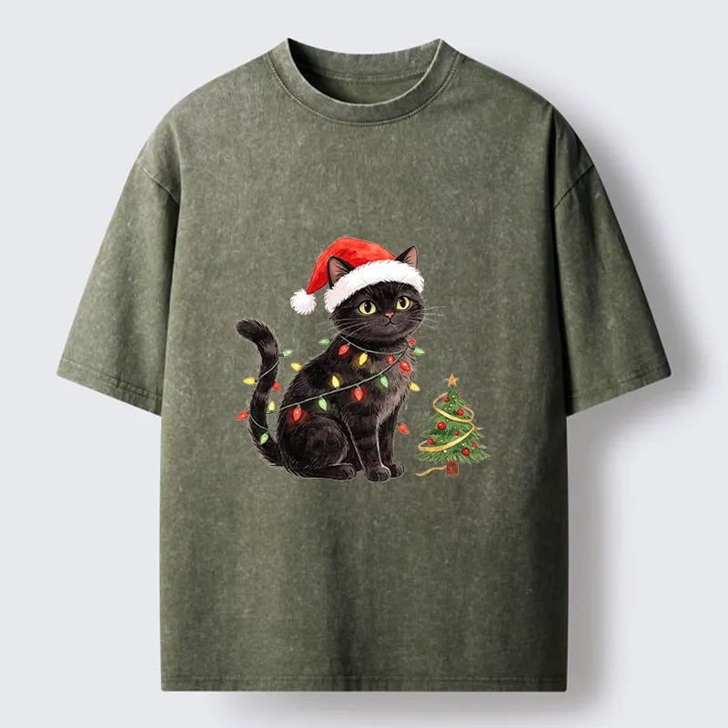 Kyoto-Lion Xmas Cat Charm Washed T-Shirt