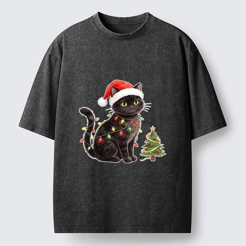 Kyoto-Lion Xmas Cat Charm Washed T-Shirt