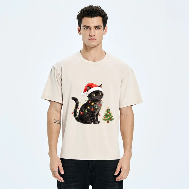 Kyoto-Lion Xmas Cat Charm Washed T-Shirt