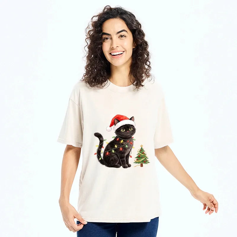 Kyoto-Lion Xmas Cat Charm Washed T-Shirt