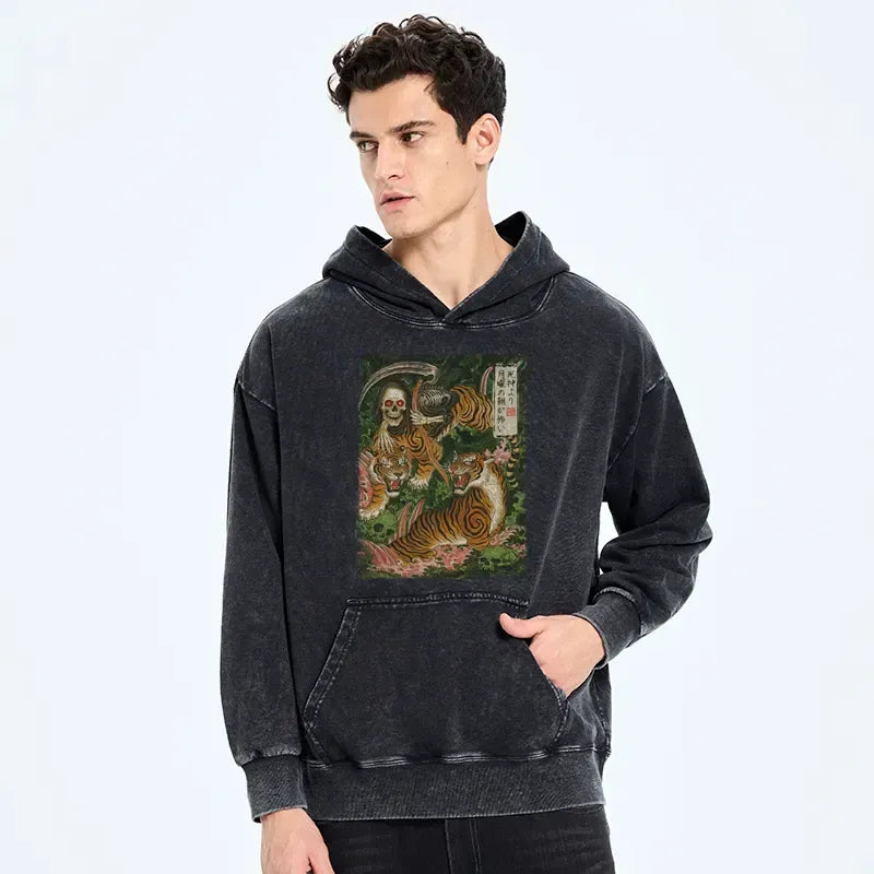 Trendy Japanese Tiger Washed Hoodie