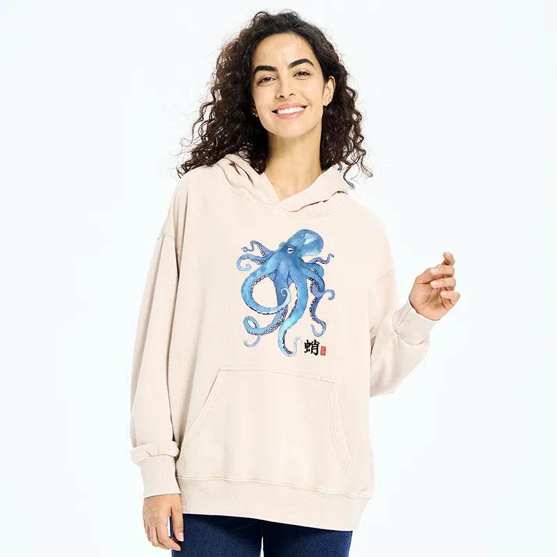 Kyoto-Lion Watercolor Blue Octopus Washed Hoodie