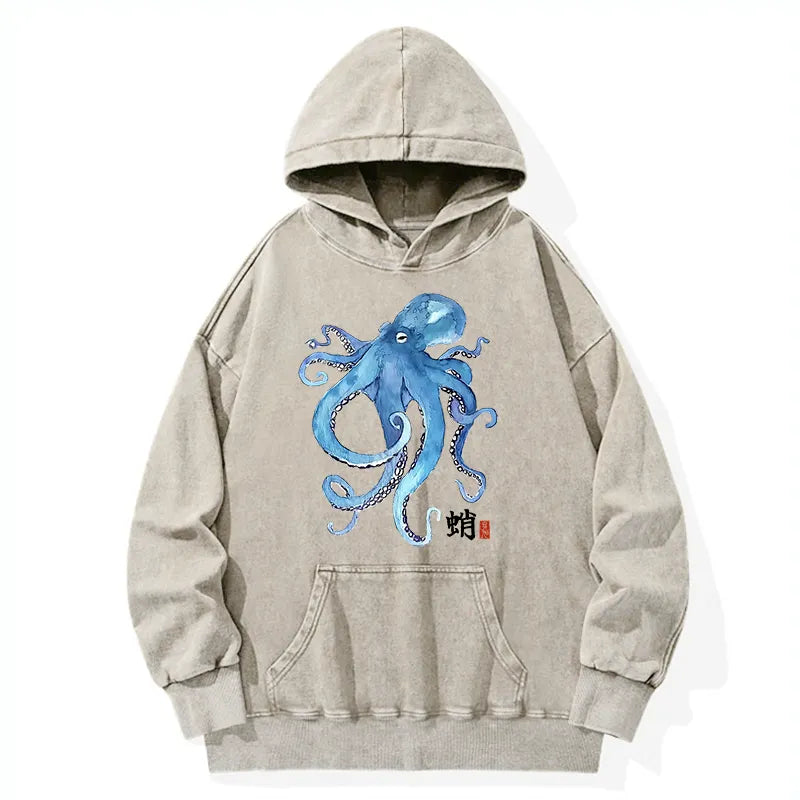 Kyoto-Lion Watercolor Blue Octopus Washed Hoodie