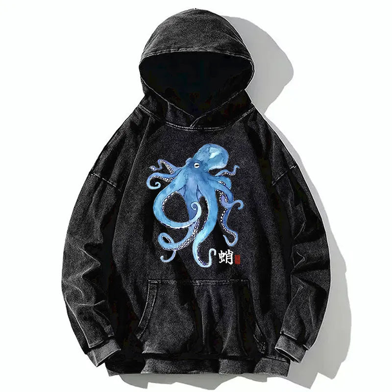 Kyoto-Lion Watercolor Blue Octopus Washed Hoodie