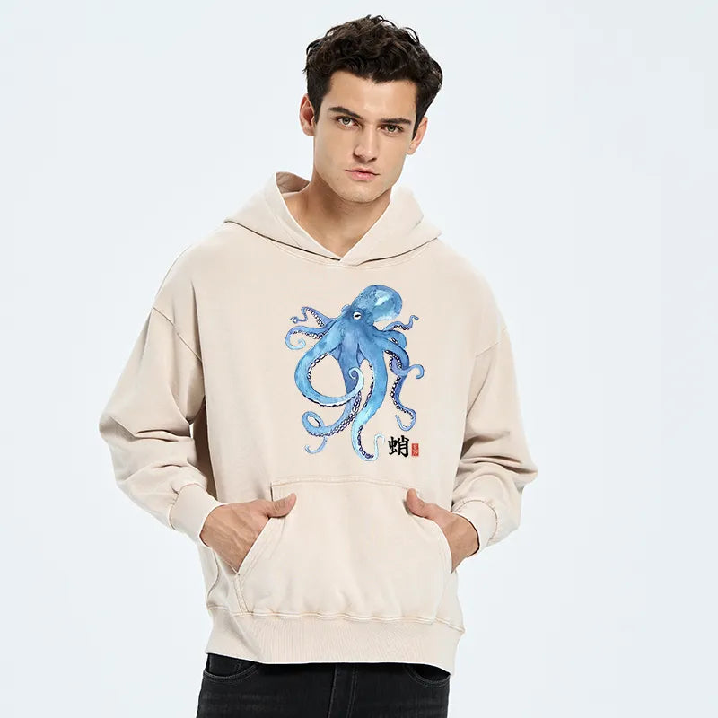 Kyoto-Lion Watercolor Blue Octopus Washed Hoodie