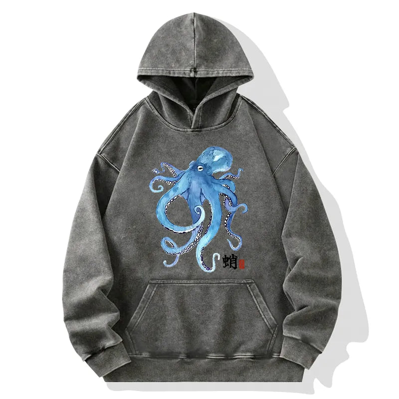 Kyoto-Lion Watercolor Blue Octopus Washed Hoodie