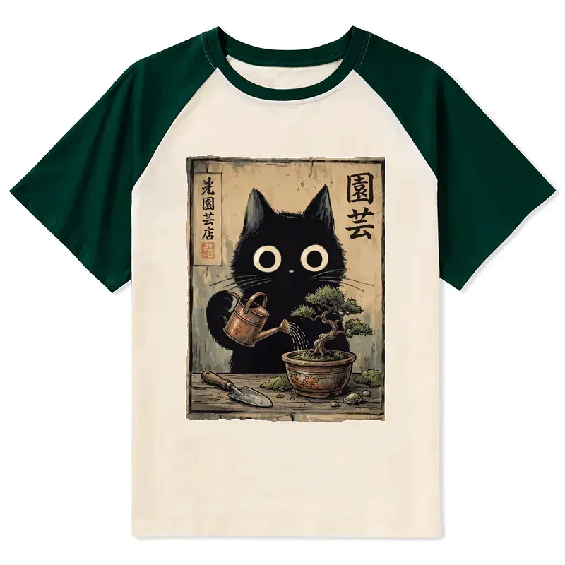Kyoto-Lion Black Cat Watering Bonsai Tree Raglan T-shirt