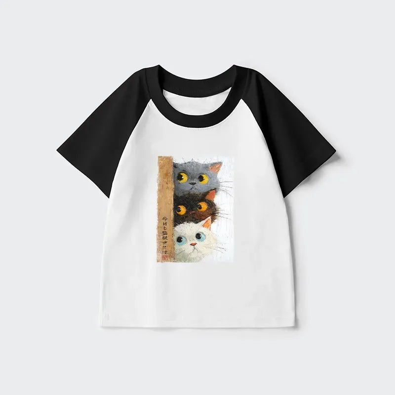 Kyoto-Lion Three Cute Cats Watch You Kids Raglan T-shirt