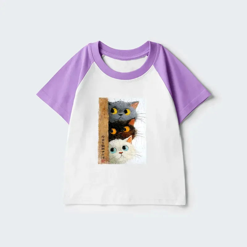 Kyoto-Lion Three Cute Cats Watch You Kids Raglan T-shirt