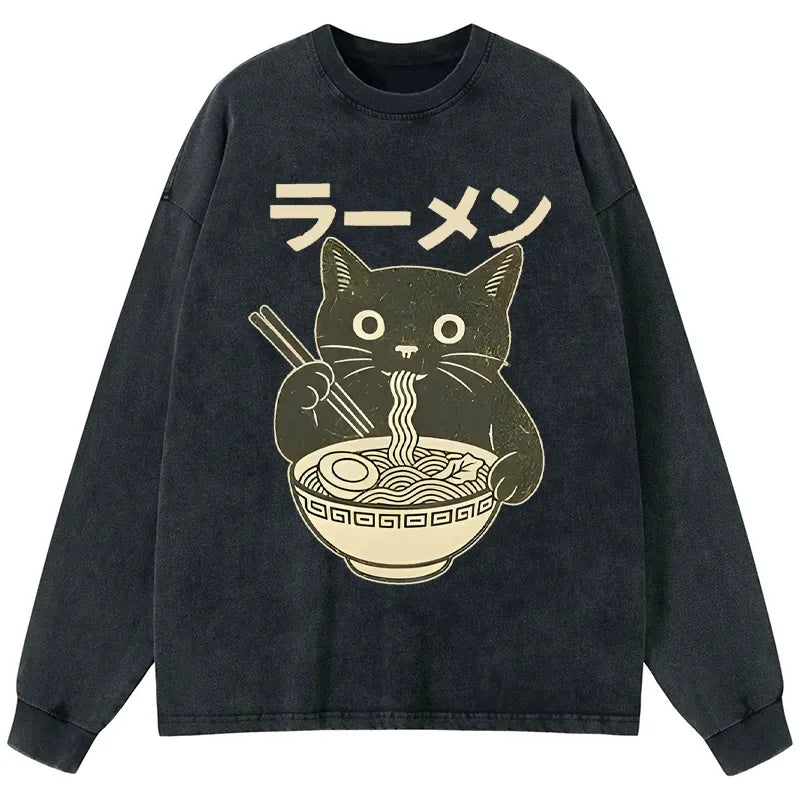 Black Cat Eating Ramen Japanese T-Shirt