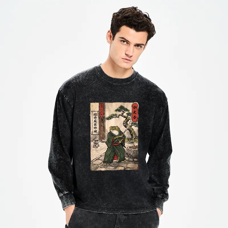 Kyoto-Lion Samurai Frog Training Washed Long Sleeve T-Shirt
