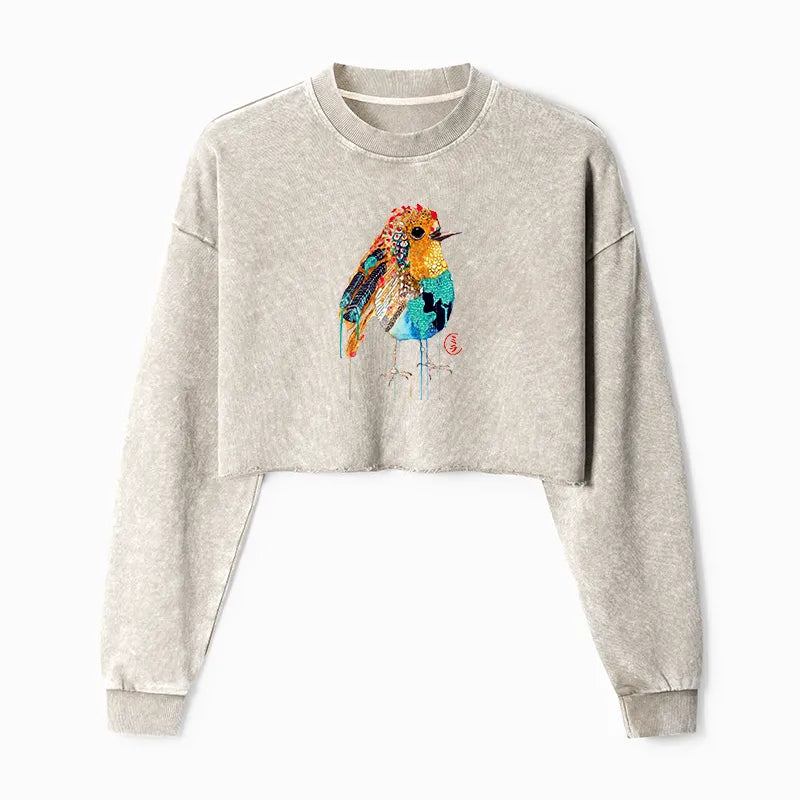 Kyoto-Lion Sparkly Wild Bird Washed Crop Sweatshirt