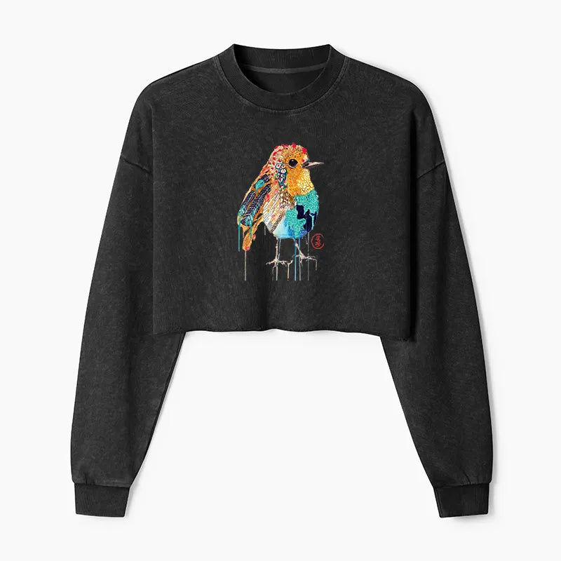 Kyoto-Lion Sparkly Wild Bird Washed Crop Sweatshirt