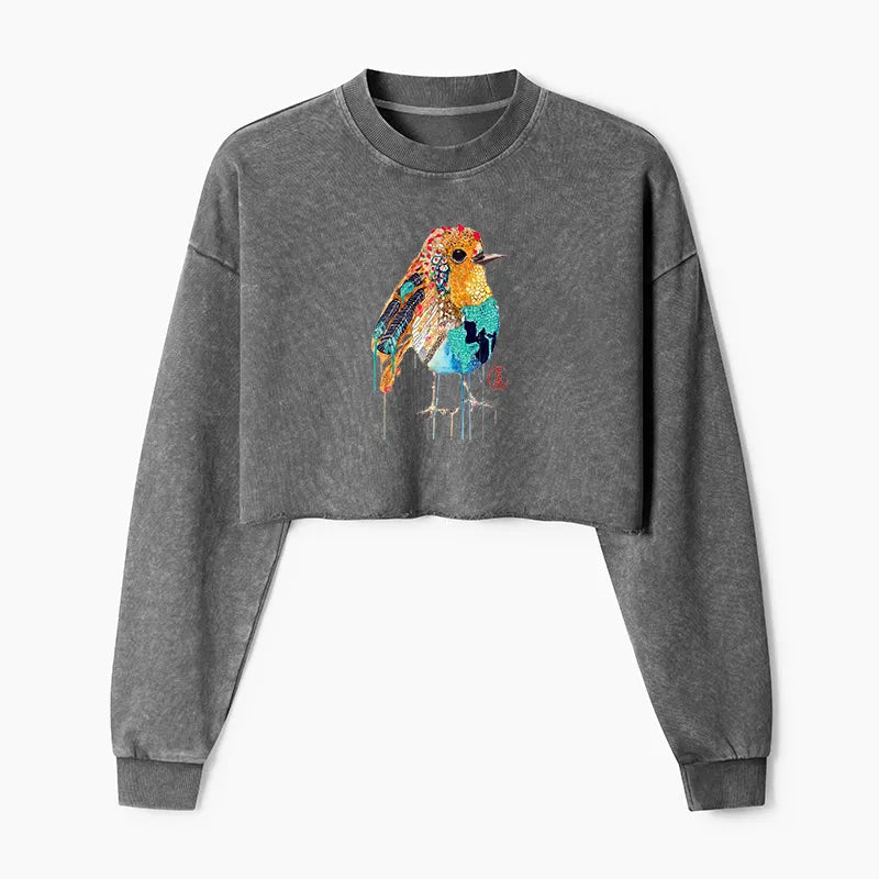 Kyoto-Lion Sparkly Wild Bird Washed Crop Sweatshirt