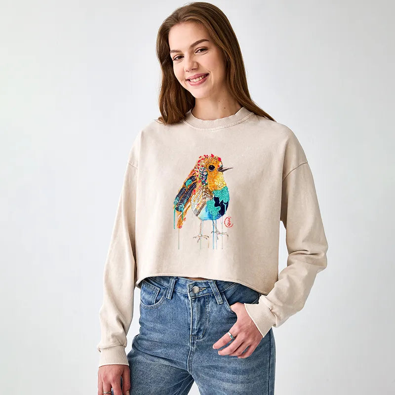 Kyoto-Lion Sparkly Wild Bird Washed Crop Sweatshirt