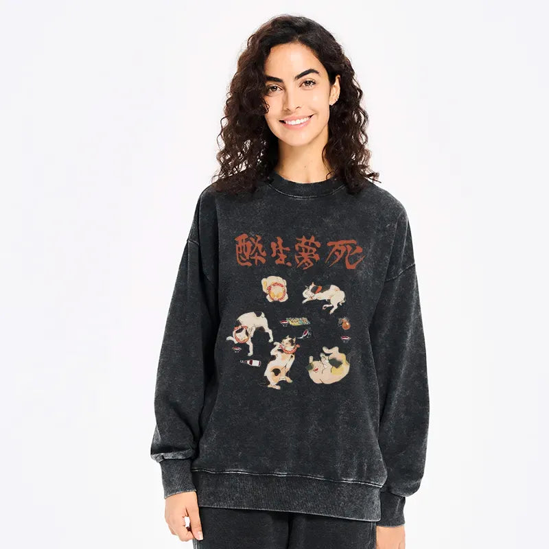 Kyoto-Lion Drunken Cats Washed Sweatshirt