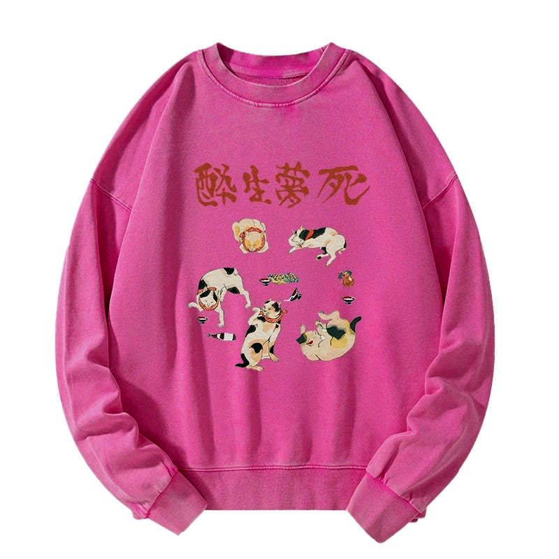 Kyoto-Lion Drunken Cats Washed Sweatshirt