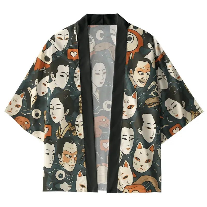 Kyoto-Lion Japanese Geisha And Mask Kimono Cardigan