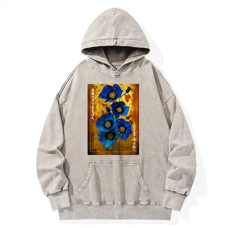Kyoto-Lion Shiny Blue Flower Warm Golden Background Washed Hoodie