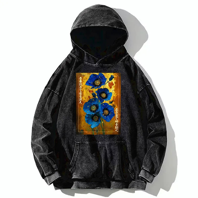 Kyoto-Lion Shiny Blue Flower Warm Golden Background Washed Hoodie