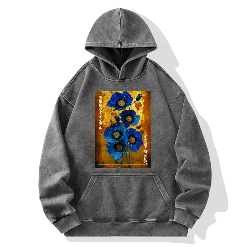Kyoto-Lion Shiny Blue Flower Warm Golden Background Washed Hoodie
