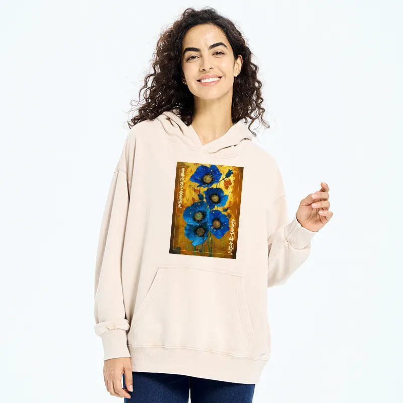 Kyoto-Lion Shiny Blue Flower Warm Golden Background Washed Hoodie