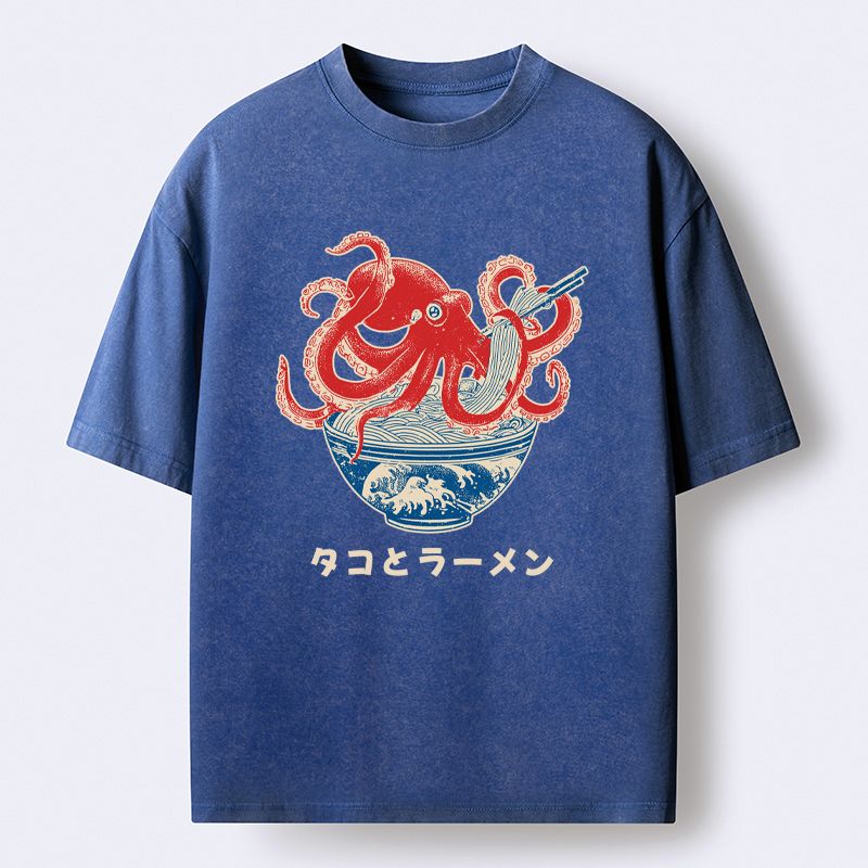 Kyoto-Lion Octopus Eating Ramen Washed T-Shirt