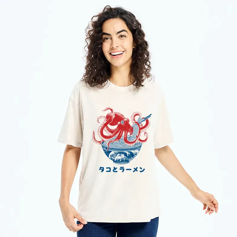 Kyoto-Lion Octopus Eating Ramen Washed T-Shirt